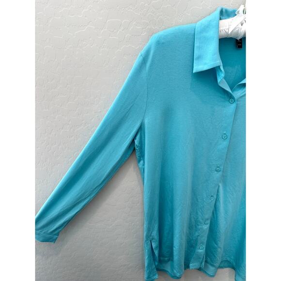 EILEEN FISHER | Aqua Blue Tencel Button Down Shirt Long Sleeve Soft Stretch | XS - Picture 3 of 6
